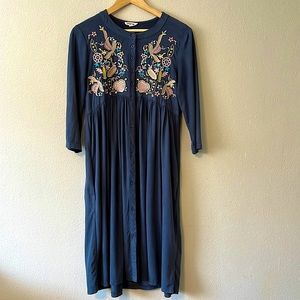Hidden Alley Button Up Grey Midi Dress with Floral Embroidery Detail size S/M